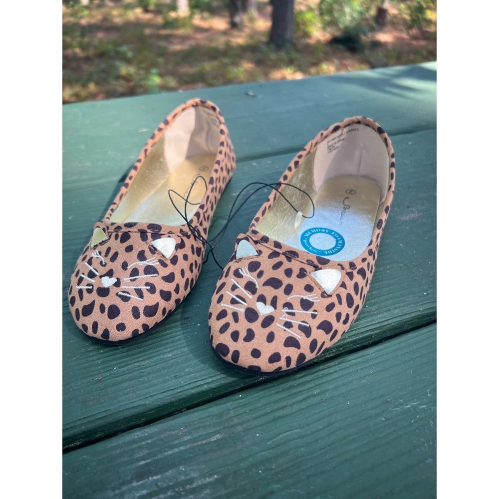 Sonia Girl Ballet Flat Shoes Slip On Leopard Print Embroidered Cat Face Sz 2 NWT